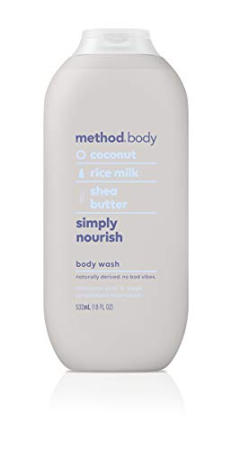 Method Simply Nourish ingredients close-up shows coconut milk and shea butter.