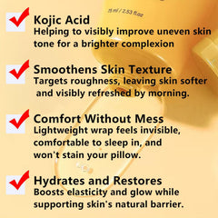 Label close-up reveals kojic and turmeric ingredients supporting healthy glow.