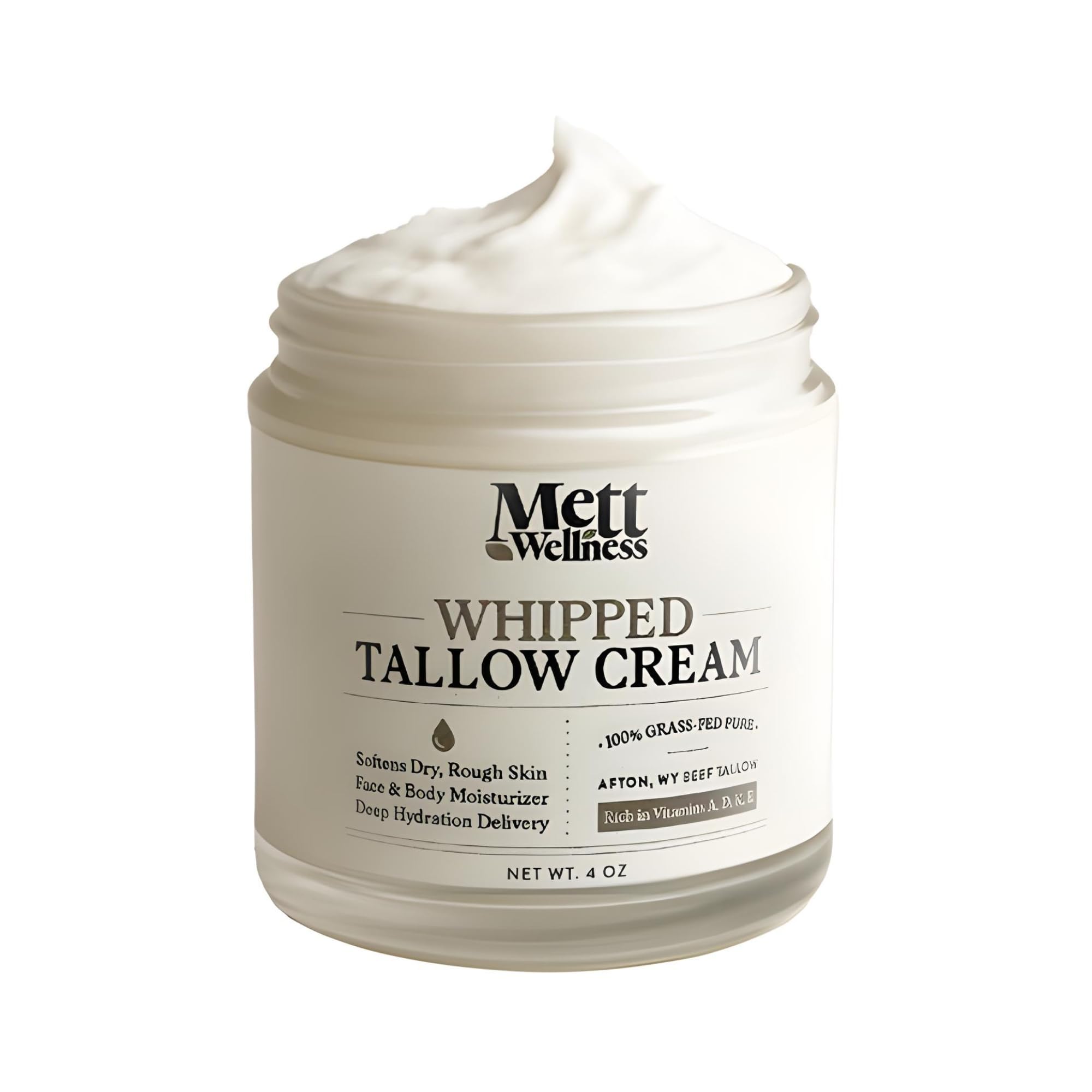 Mett Wellness Whipped Tallow Cream jar showing fragrance-free moisture for face and body.