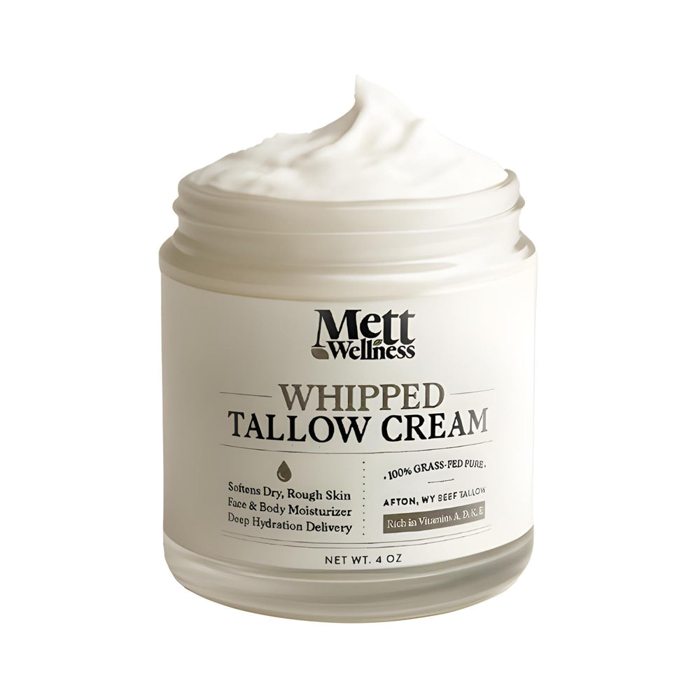 Mett Wellness Whipped Tallow Cream jar showing fragrance-free moisture for face and body.
