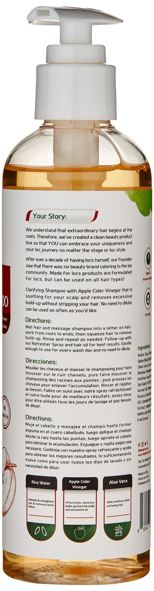 MFL Made for Locs ingredients display featuring apple cider vinegar, aloe vera, and rice water