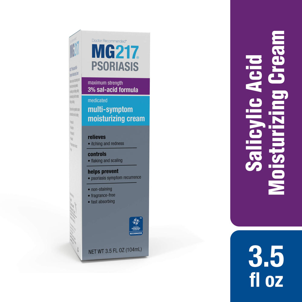 MG217 fragrance-free psoriasis cream tub shown for daily use