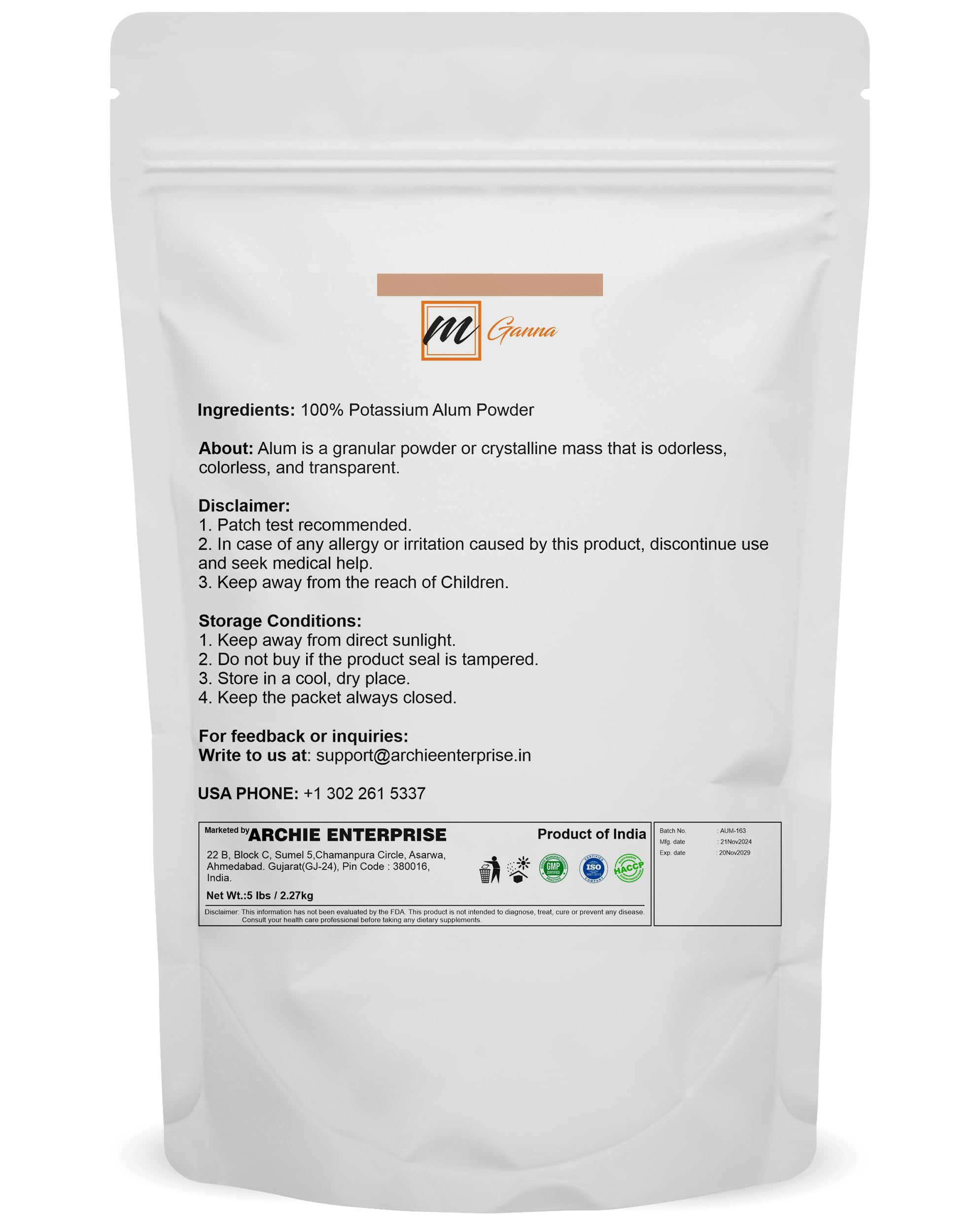 mGanna alum powder pouring from a pouch into a container for purification use.