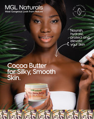 MGL Naturals ingredients label with cocoa butter and cocoa essential oil for pure nourishment.