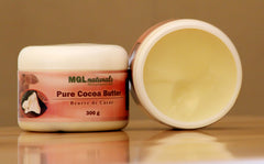 MGL Naturals Raw Cocoa Butter whipped bottle for daily hydration and skin nourishment.