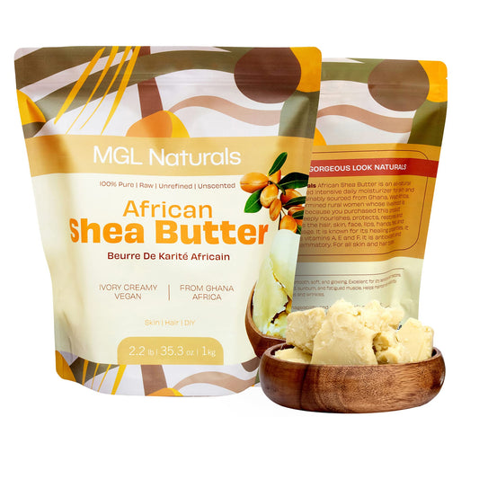 MGL Naturals Shea Butter Ivory jar close-up showing creamy texture for skin nourishment.