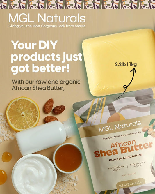 MGL Naturals Shea Butter melts in the palm for smooth, deeply hydrated skin.