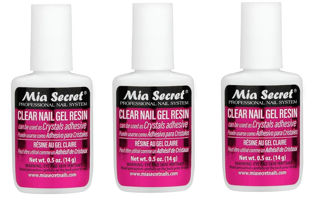 Mia Secret 3-pack brush-on clear gel resin for crystal attachment and wraps.