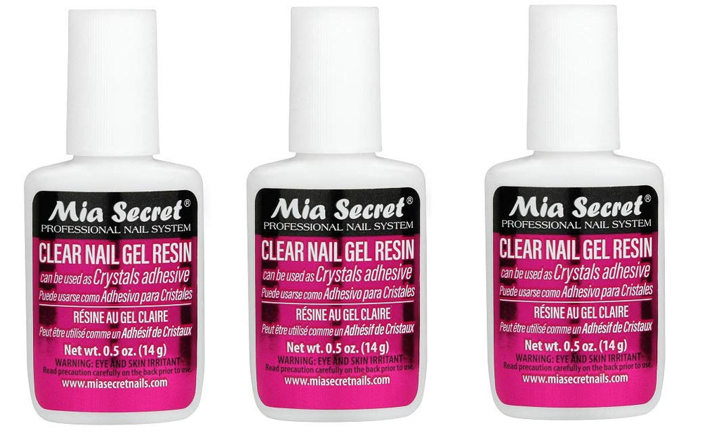 Mia Secret 3-pack brush-on clear gel resin for crystal attachment and wraps.