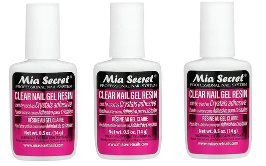 Mia Secret 3-pack brush-on clear gel resin for crystal attachment and wraps.