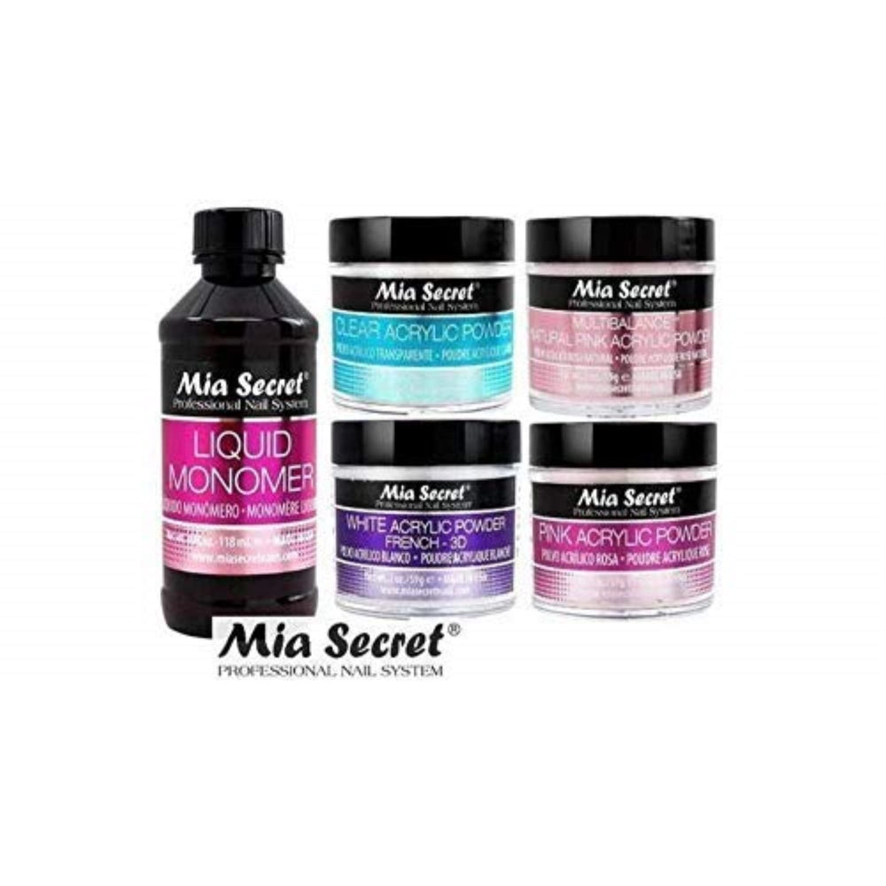 Mia Secret acrylic powder set with white, clear, pink, and multibalance for balanced shades