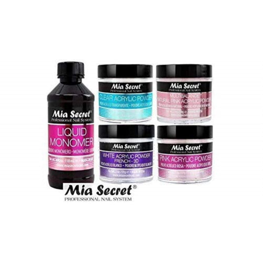 Mia Secret acrylic powder set with white, clear, pink, and multibalance for balanced shades