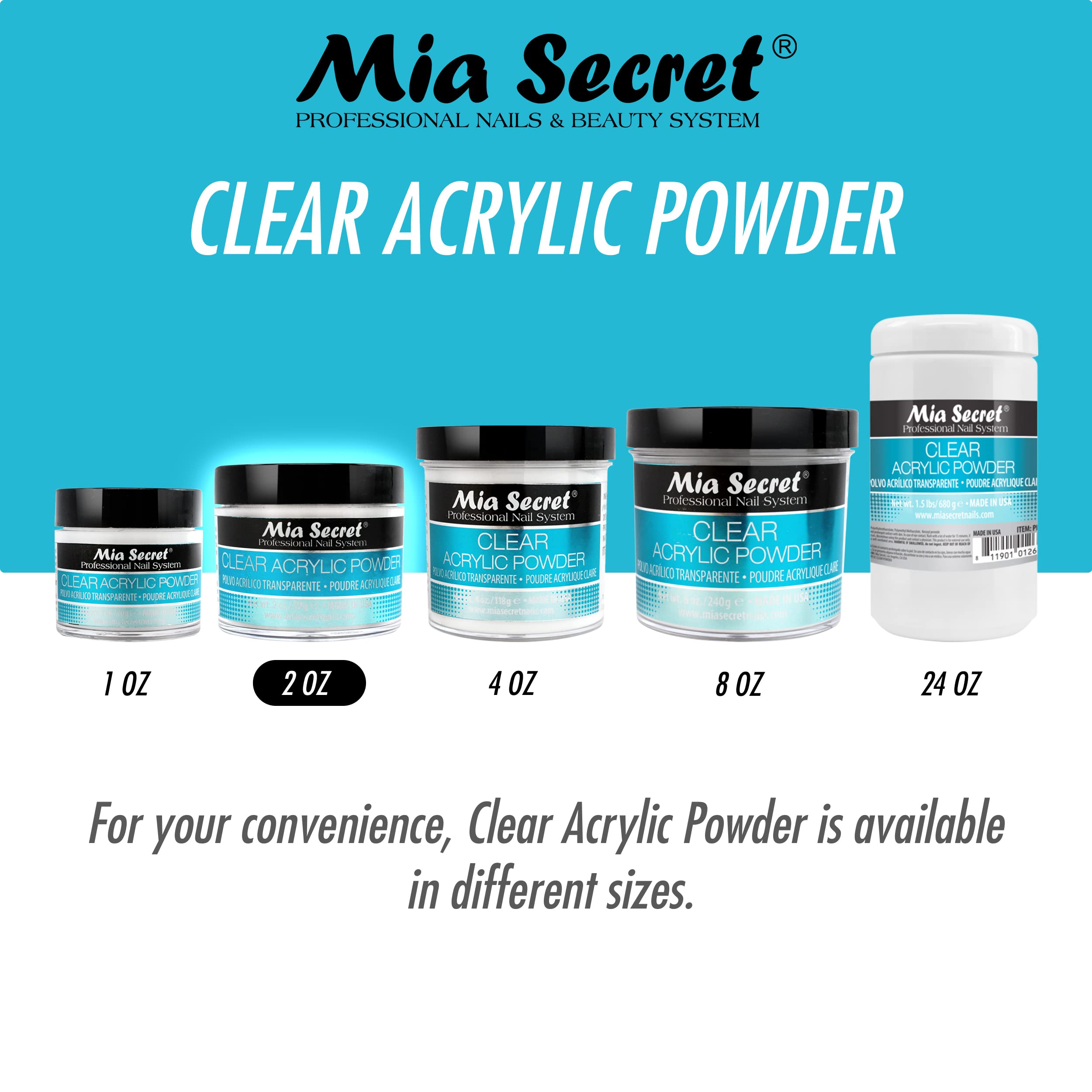 Mia Secret 2oz clear acrylic powder bottle for convenient size options.