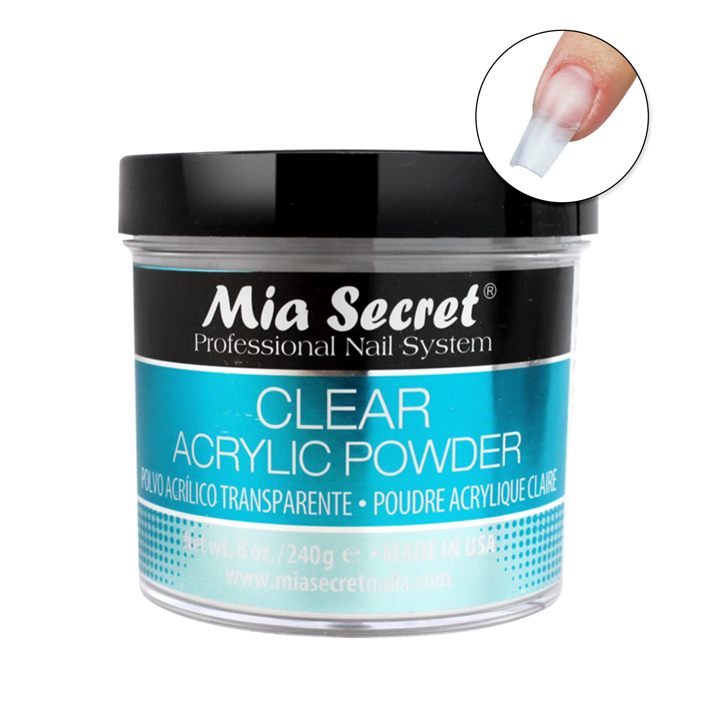 Mia Secret Clear Acrylic Powder close-up shows self-leveling formula.