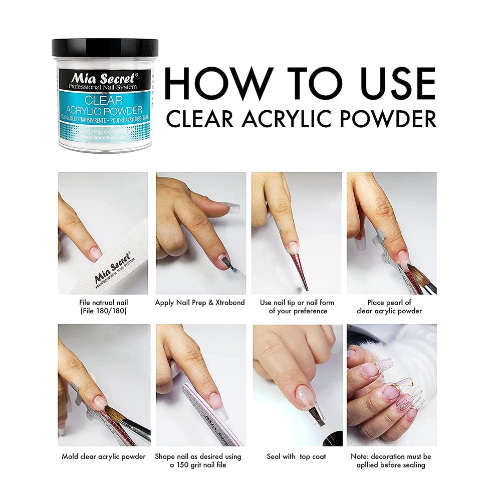 Mia Secret clear powder self-leveling for smooth nail surfaces.