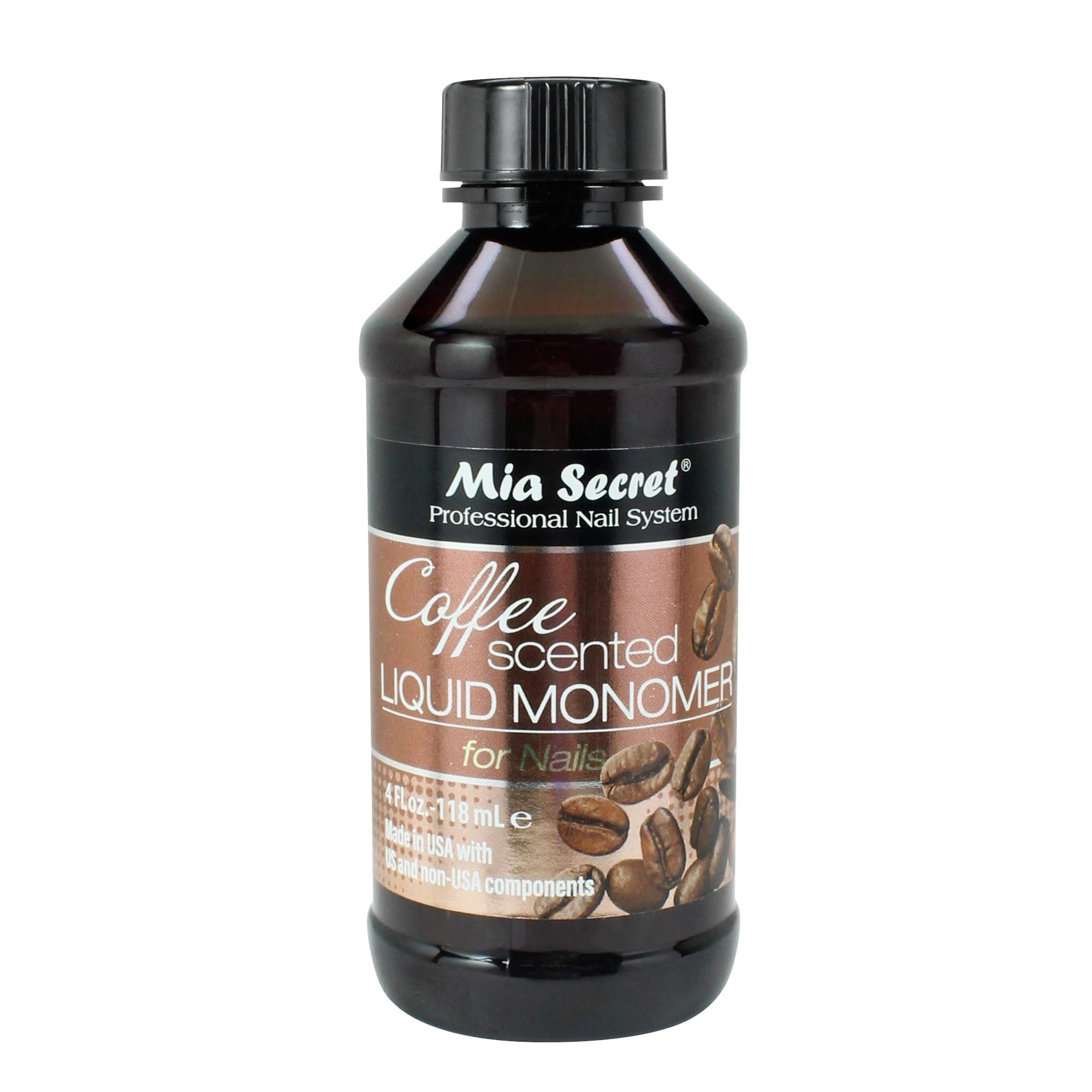 Mia Secret coffee scented liquid monomer bottle offers a fresh aroma during manicures.