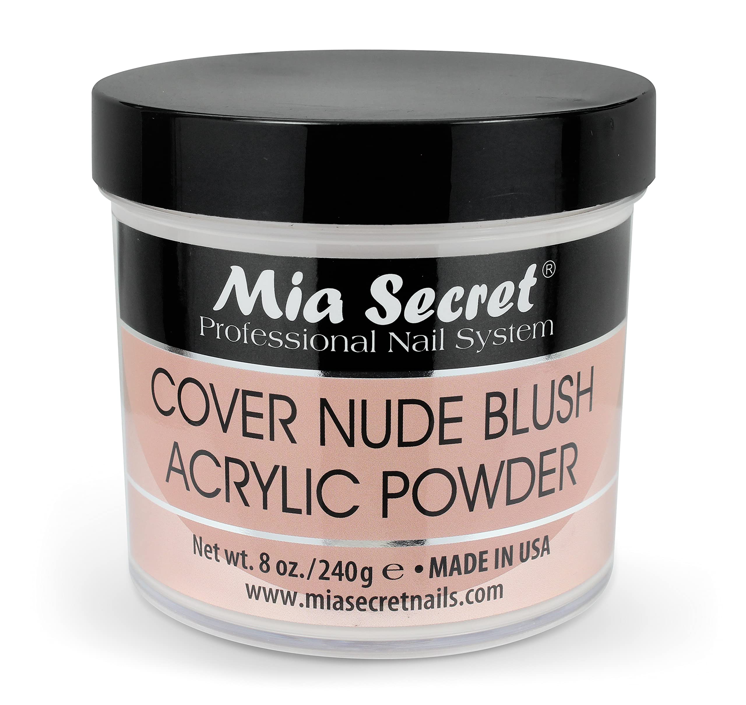 Mia Secret Cover Nude Blush Acrylic Powder bottle demonstrates smooth, even consistency for flawless nails.