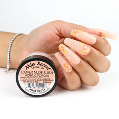 Mia Secret Cover Nude Blush Acrylic Powder swatches reveal natural, seamless color with extended wear potential.