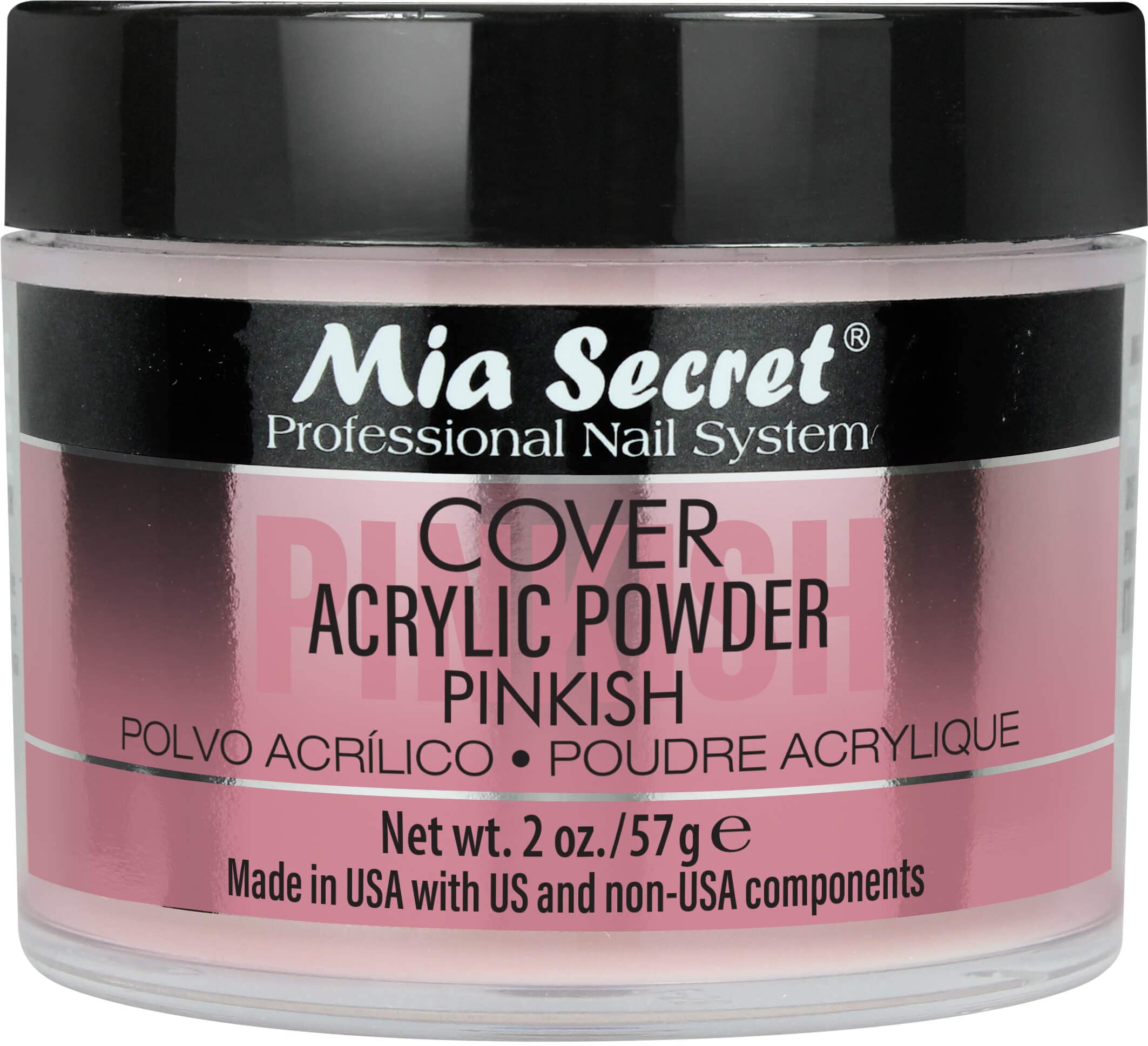 Mia Secret Cover Pinkish Acrylic Powder bottle demonstrates premium formula for durable nails.