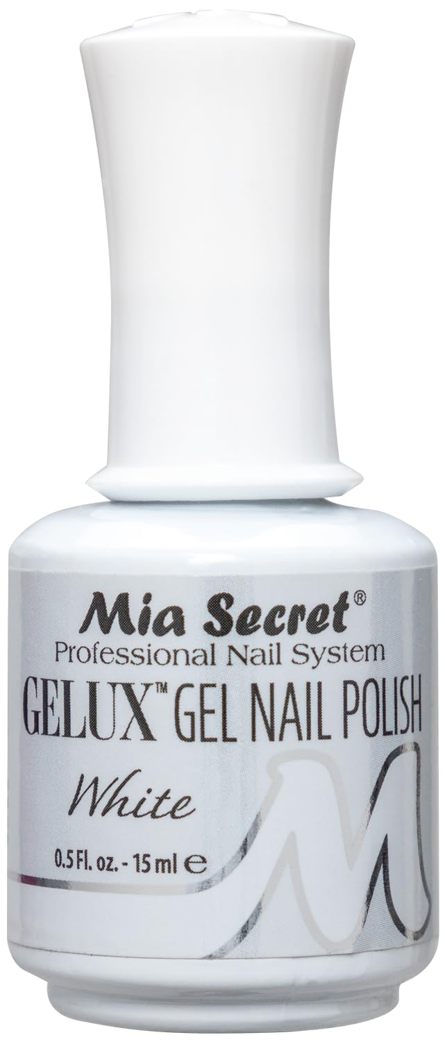 Mia Secret Gelux white bottle showing premium gel polish for long-lasting coverage.