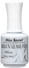 Mia Secret Gelux white bottle showing premium gel polish for long-lasting coverage.