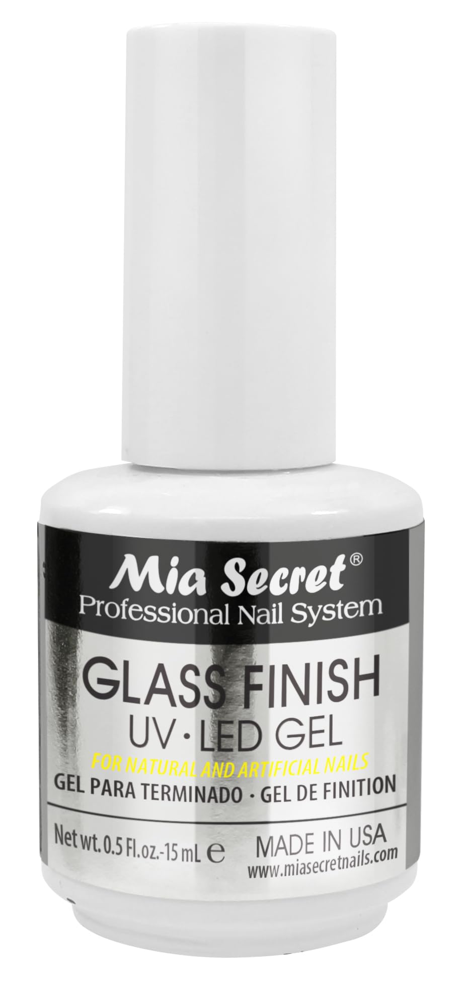 Mia Secret Glass Finish gel bottle closeup for crystal-clear nails.