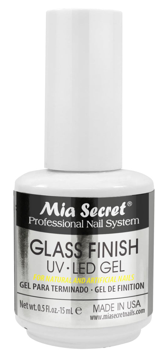 Mia Secret Glass Finish gel bottle closeup for crystal-clear nails.