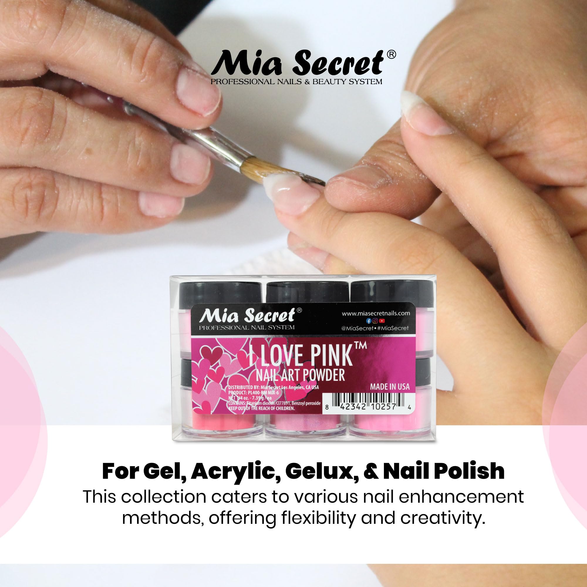 Mia Secret I Love Pink jars closeup with color-rich pink powders