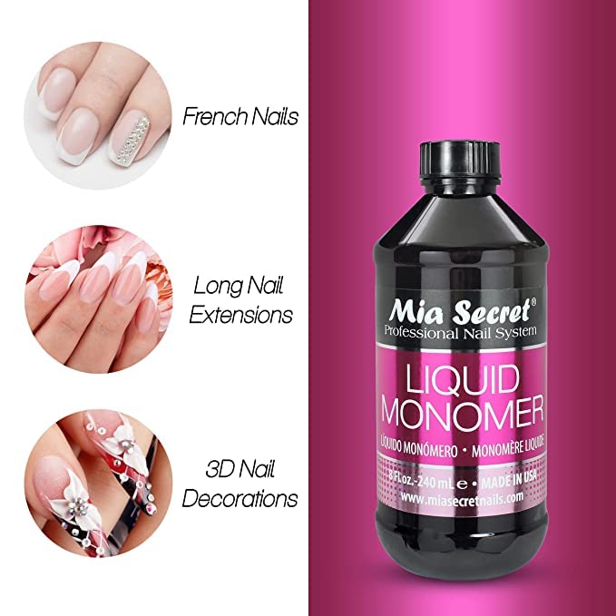 Mia Secret Liquid Monomer 4 Oz in use on nail extension with acrylic powder