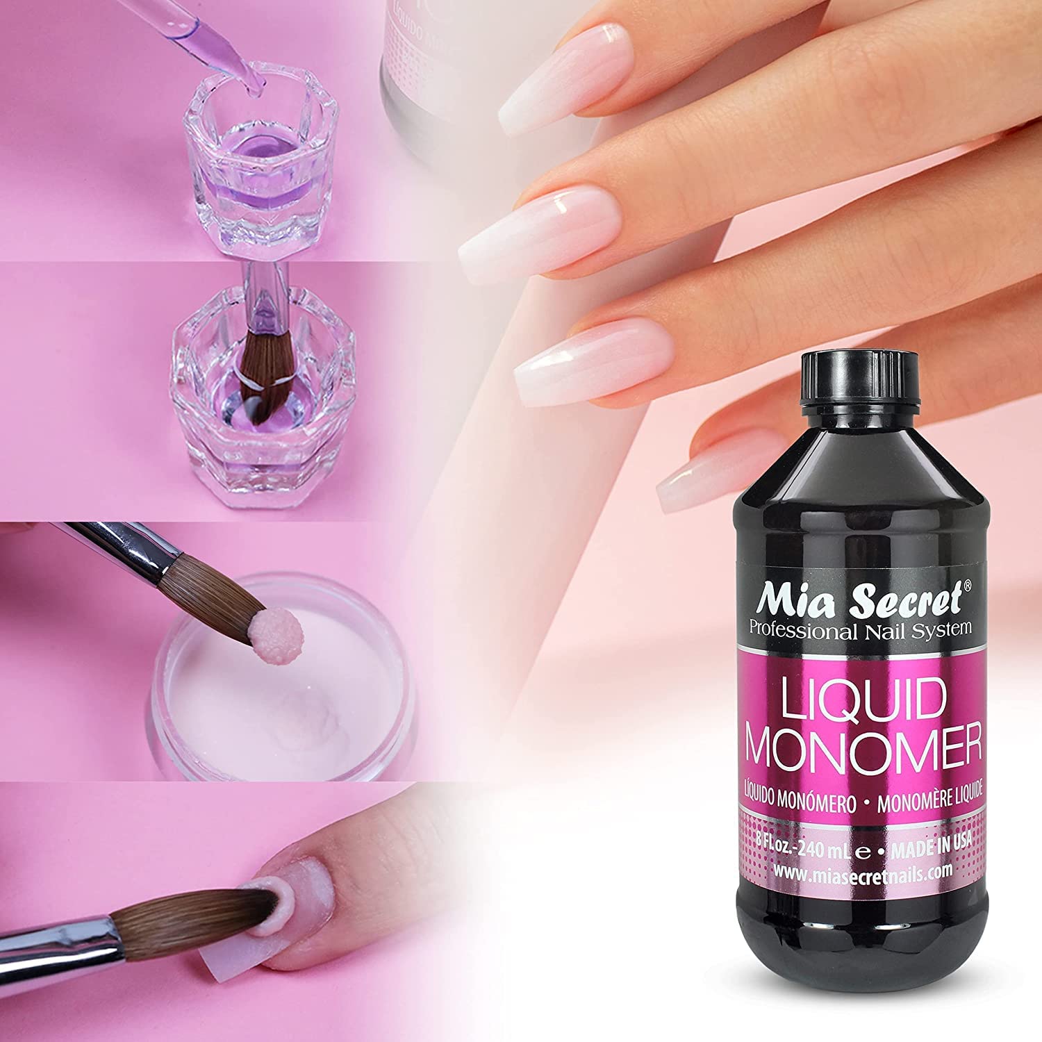 Mia Secret Liquid Monomer 4 Oz beside manicure tools for efficient prep