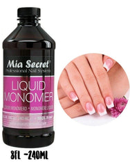 Mia Secret liquid monomer closeup shows phenolic cap ensuring minimal evaporation and contamination