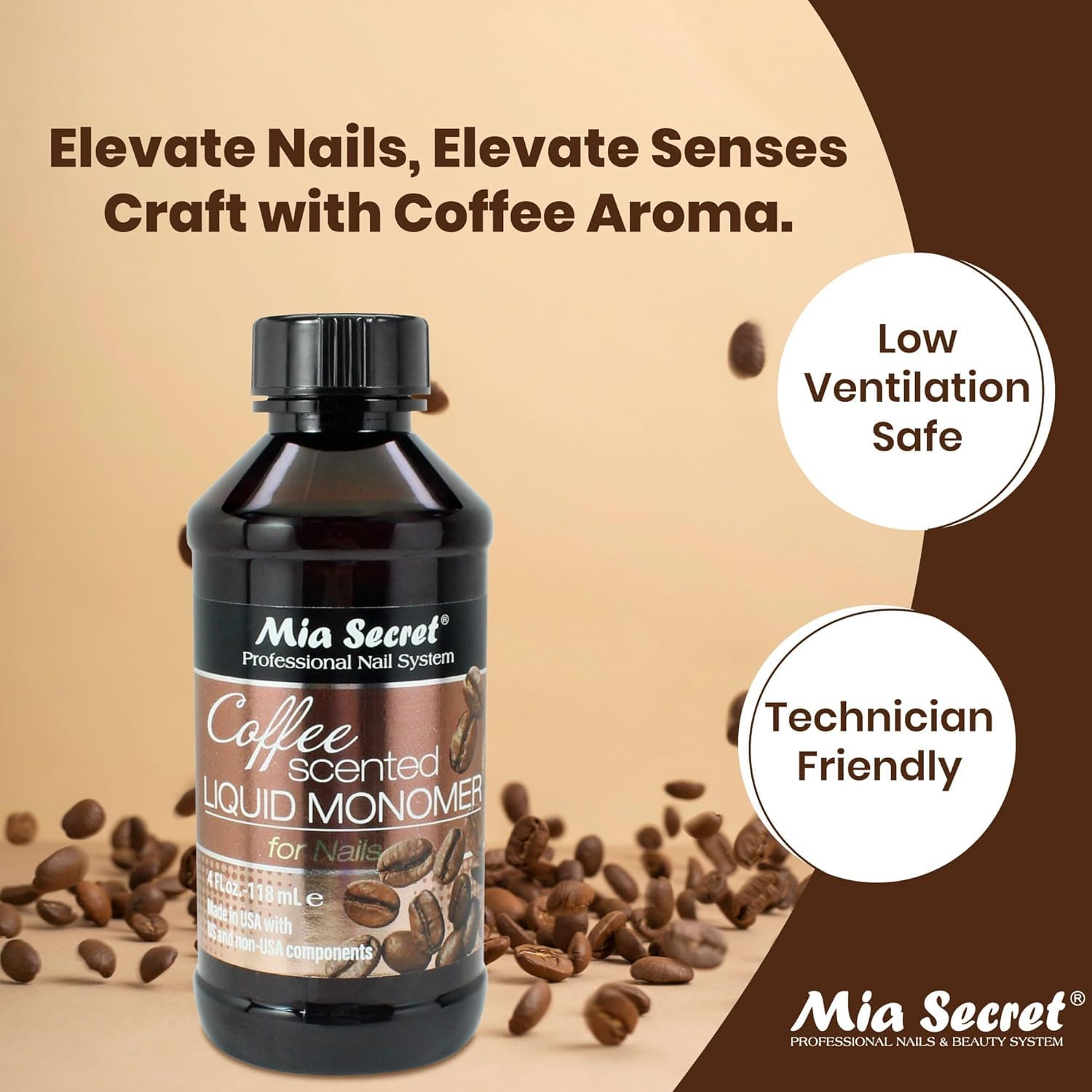 Mia Secret liquid monomer bottle closeup shows professional-quality formula for smooth adhesion.
