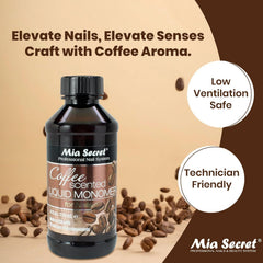 Mia Secret liquid monomer bottle closeup shows professional-quality formula for smooth adhesion.