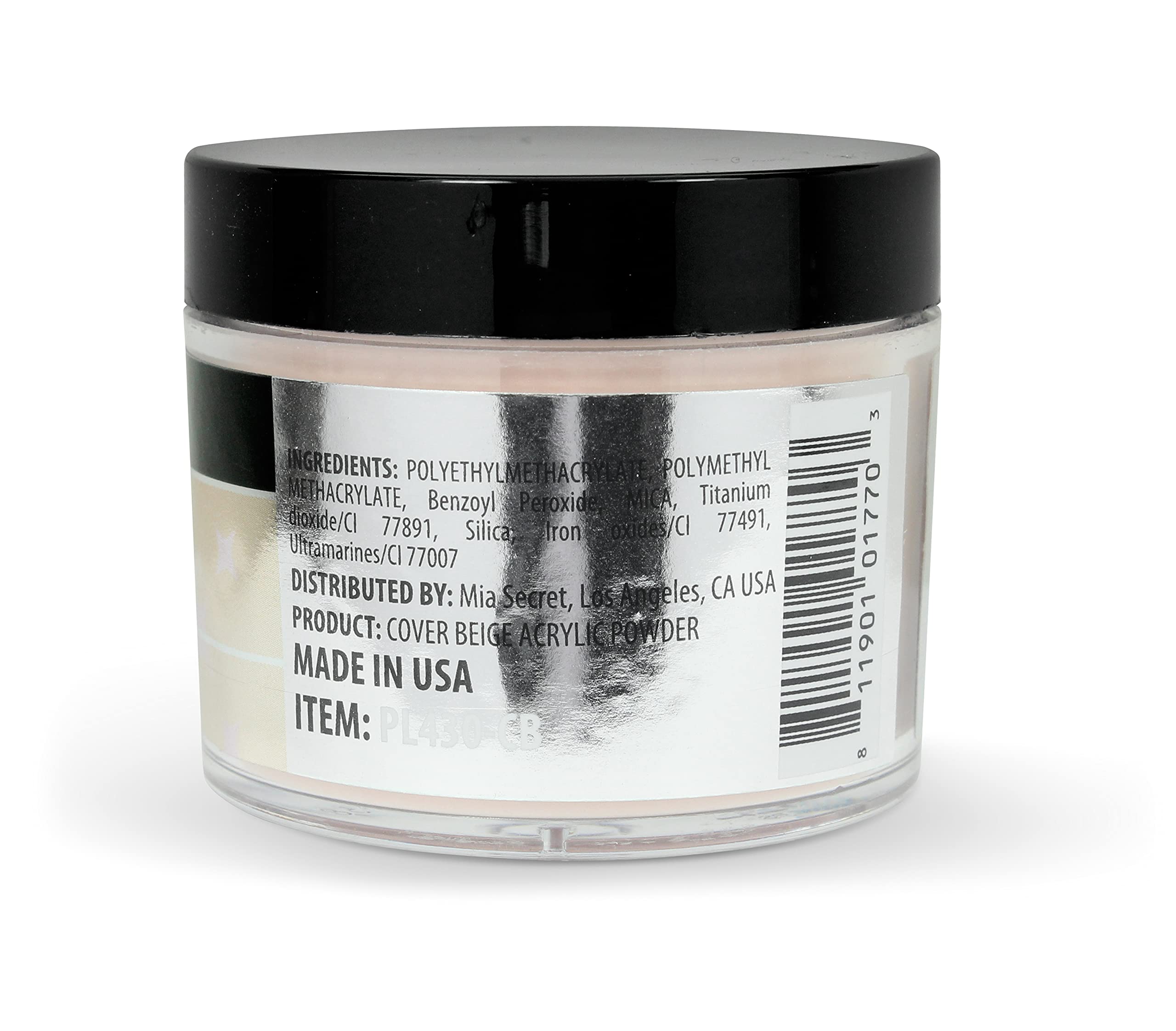 Mia Secret acrylic powder bottle highlighting non-yellowing, MMA-free formula for lift-resistant nails