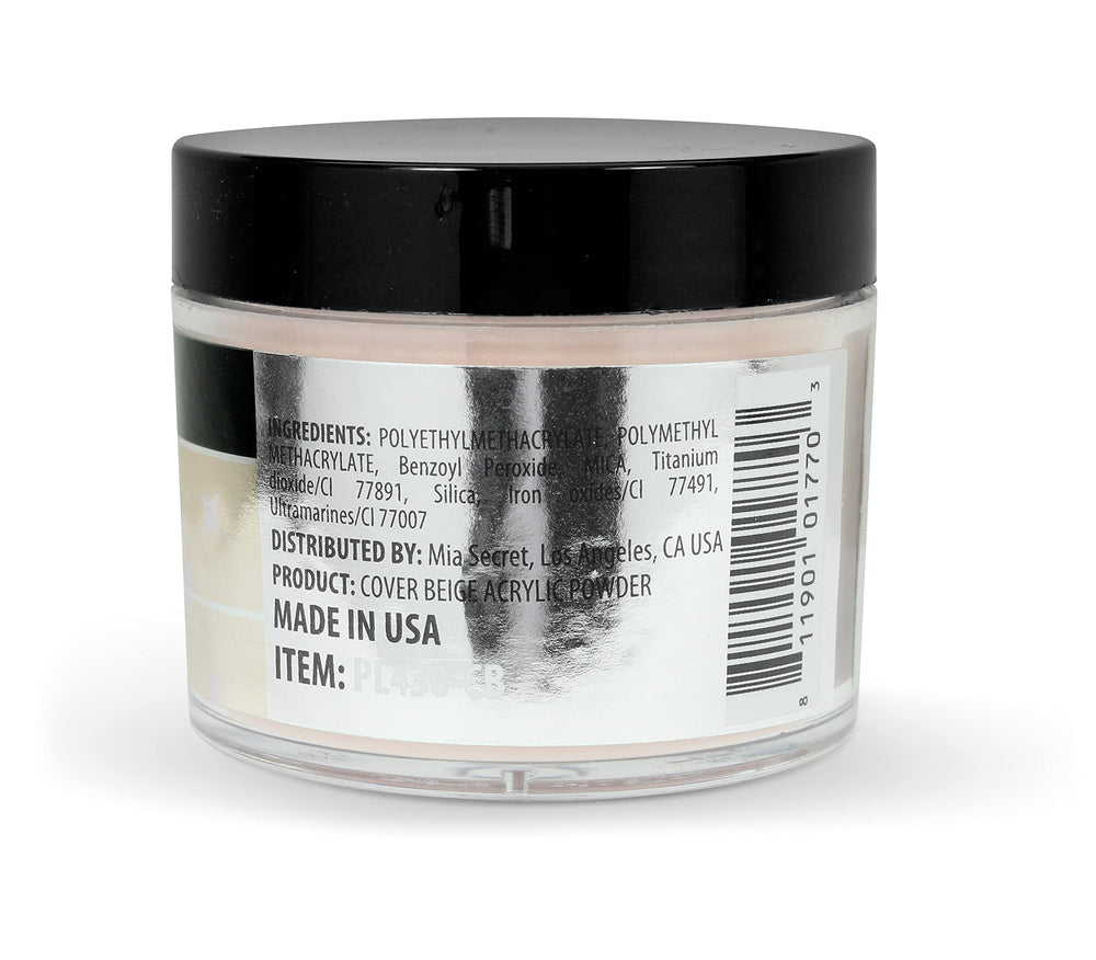 Mia Secret acrylic powder bottle highlighting non-yellowing, MMA-free formula for lift-resistant nails