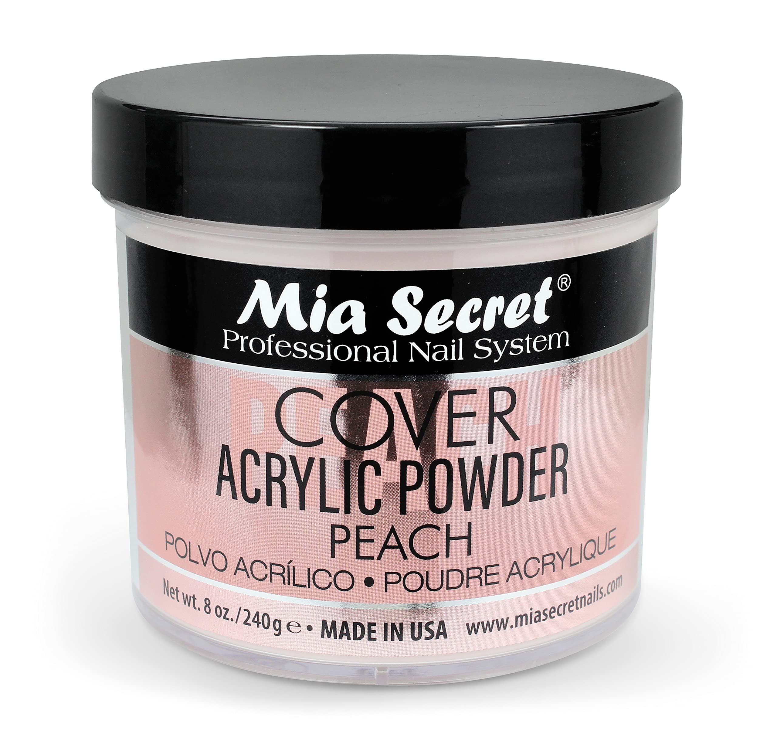 Mia Secret Peach Cover Acrylic Powder in a jar for smooth peach-toned nails.