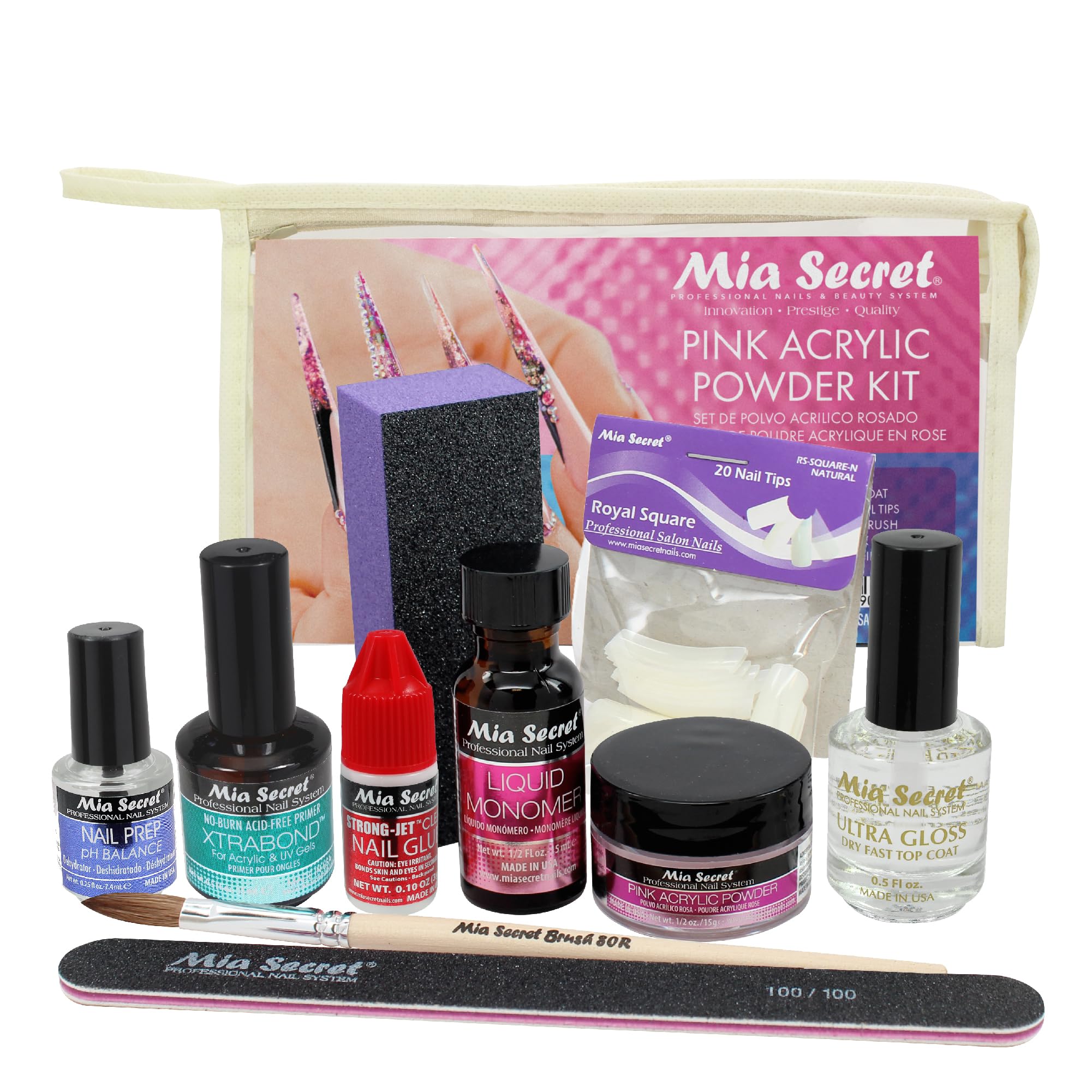 Mia Secret Pink Acrylic Nail Kit full set displayed for beginner practice
