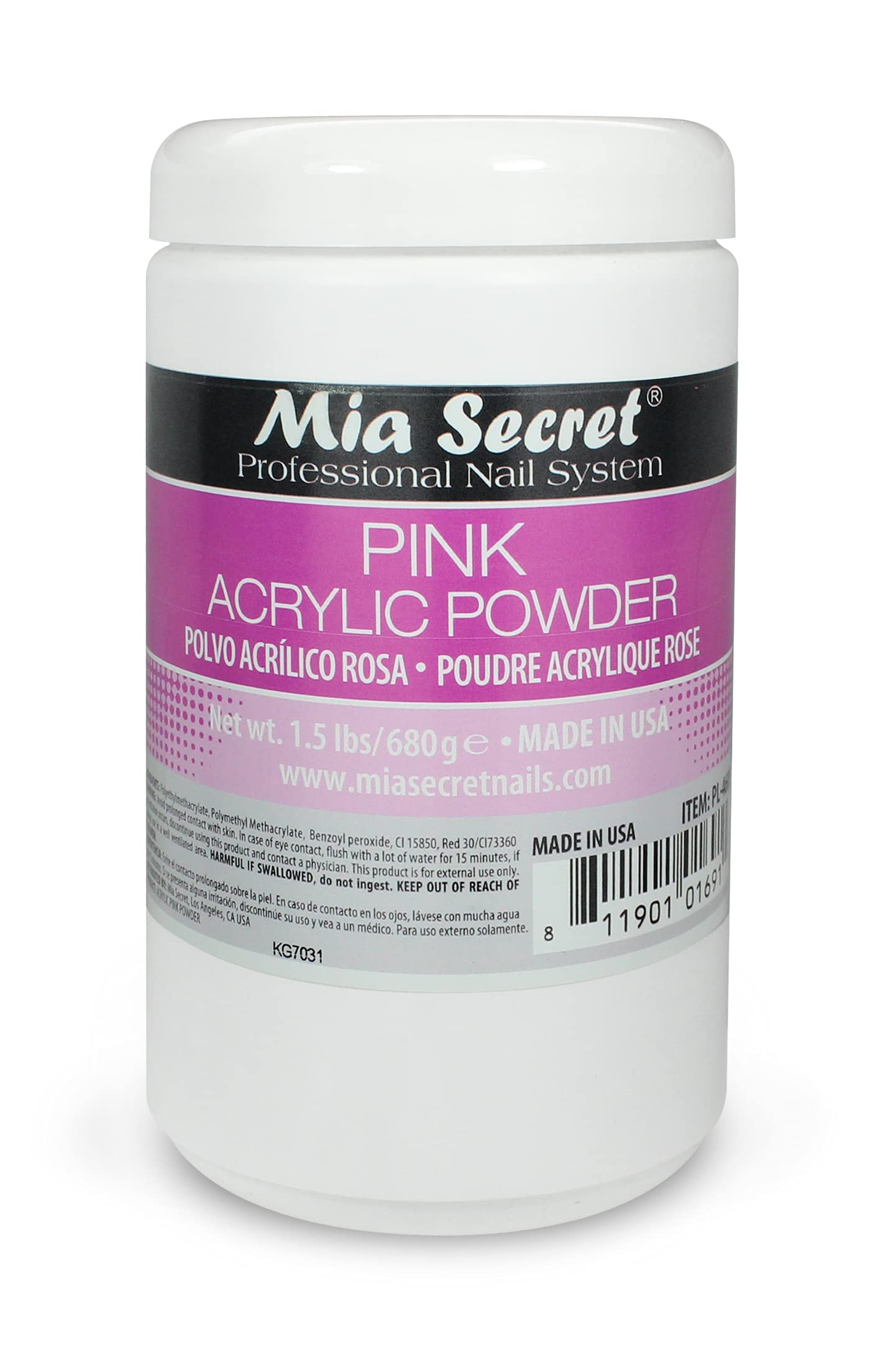 Mia Secret pink acrylic powder jar shows smooth self-leveling texture for easy application
