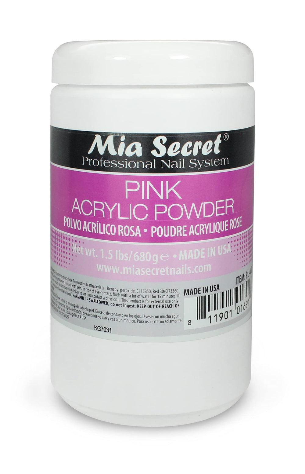 Mia Secret pink acrylic powder jar shows smooth self-leveling texture for easy application
