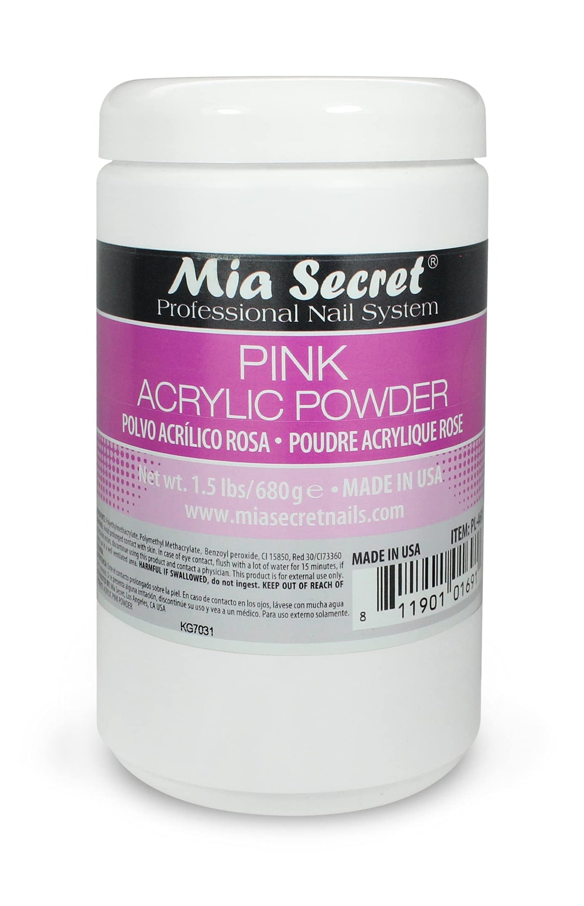 Mia Secret pink acrylic powder jar shows smooth self-leveling texture for easy application