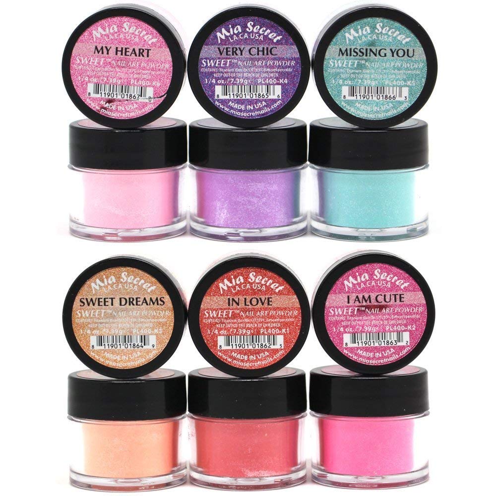 Mia Secret Sweet nail powder packaging shows six quarter-ounce jars for easy at-home manicures.