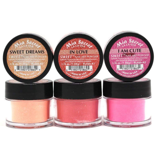 Mia Secret Sweet shade swatches display six versatile tones for personalized nail art.