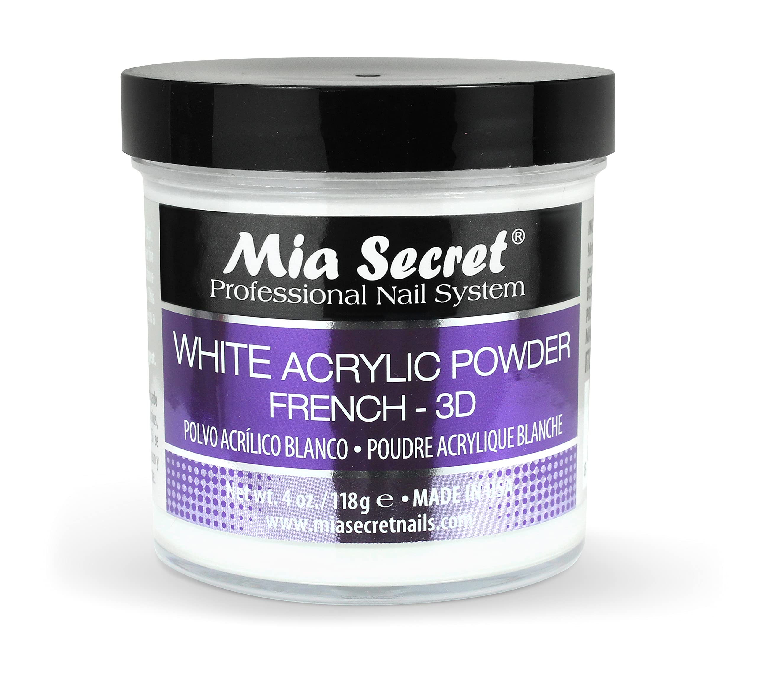 Mia Secret White Acrylic Powder 4oz bottle for crisp French manicure tips.