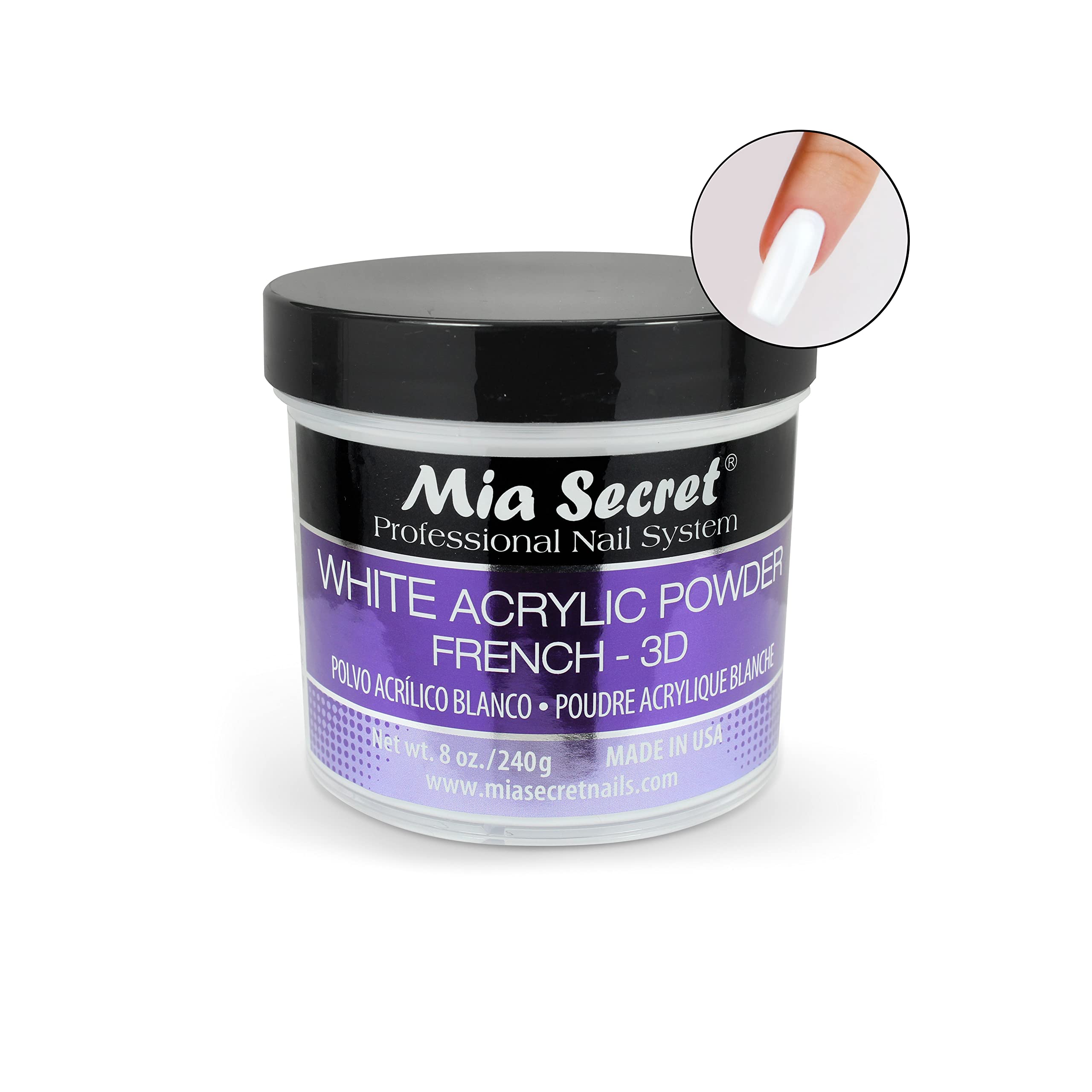 Mia Secret White Acrylic Powder close-up shows fine texture for smooth applications.