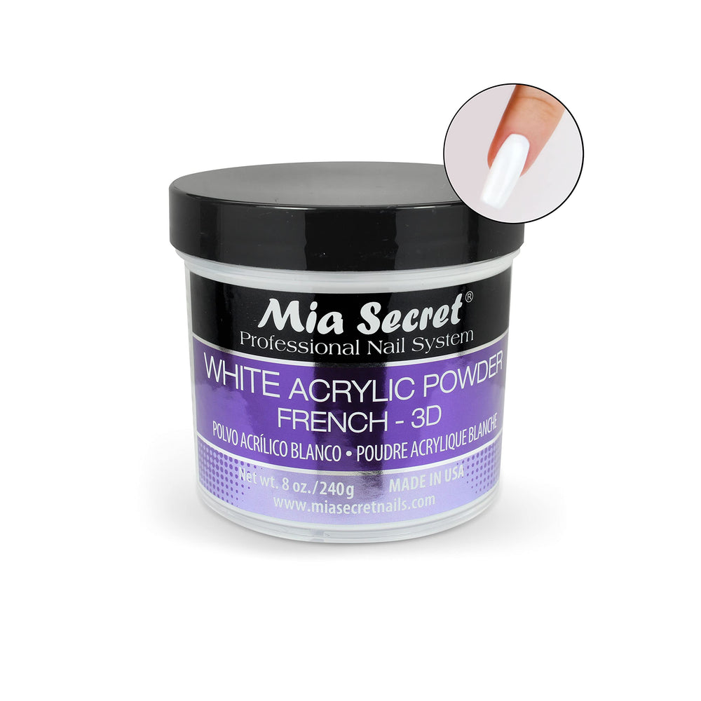 Mia Secret White Acrylic Powder close-up shows fine texture for smooth applications.