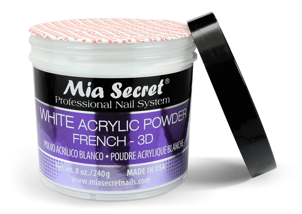 Mia Secret White Acrylic Powder packaging jar highlights quality and longevity.