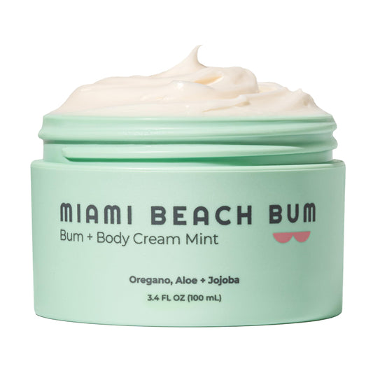 Miami Beach Bum mint cream jar with rich texture for daily moisturizing.
