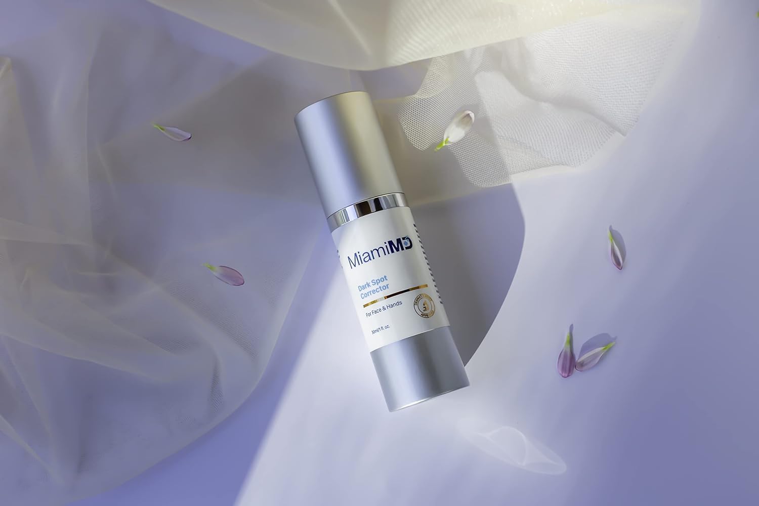 MiamiMD Dark Glow Renewal Serum jar with droplets, fragrance-free formula.