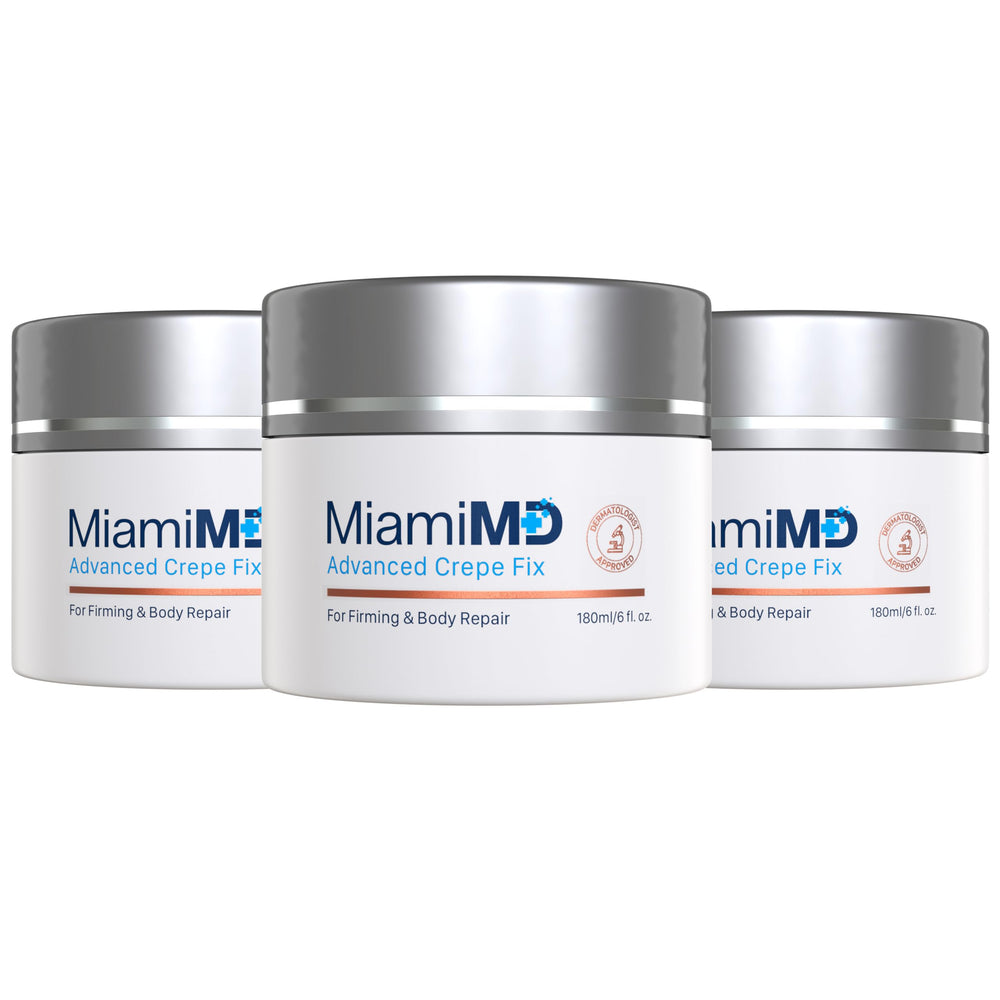 MiamiMD Advanced Crepe Fix pack shot showing a triple 180 ml set for firming and smoothing.