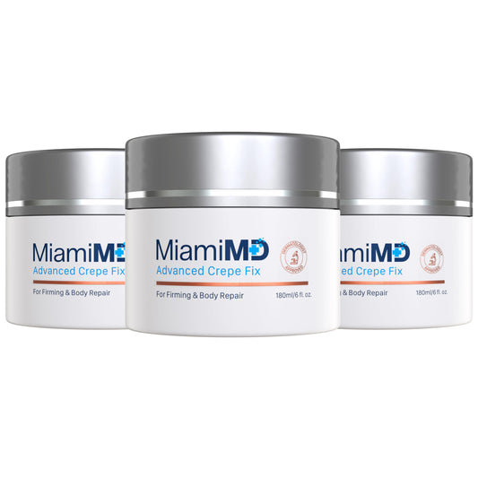 MiamiMD Advanced Crepe Fix pack shot showing a triple 180 ml set for firming and smoothing.